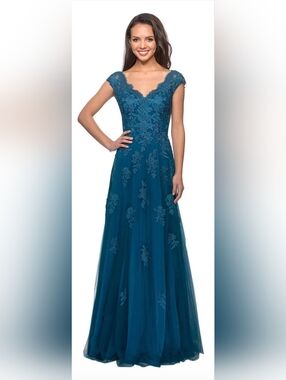 La Femme Teal Blue 26942 Embellished Tulle & Lace A-Line Gown Size 12 NWT Womans